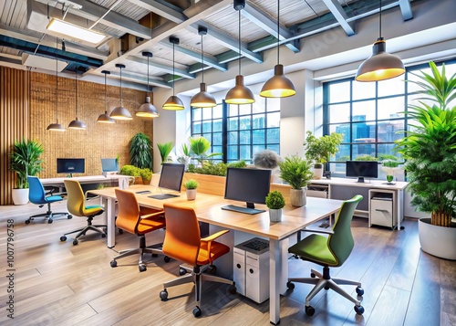 Modern workspace features sleek computer stations amidst vibrant decorative elements, fostering a dynamic environment