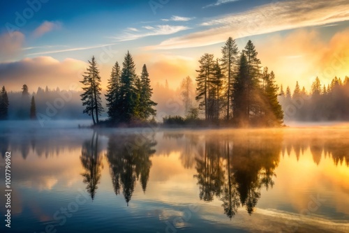 Mysterious misty dawn breaks over the eerie stillness of a fog-shrouded lake, with towering trees looming in the