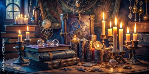 Mysterious, ornate altar adorned with crystals, tarot cards, and candles amidst a backdrop of ancient, leather-bound photo