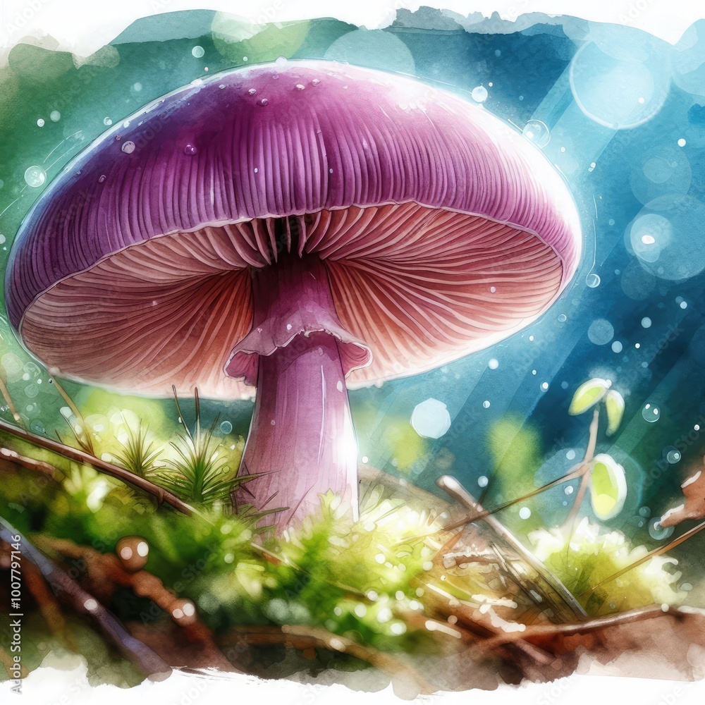 Close-up of a purple mushroom.  with a blurred bokeh blue background.  watercolor anime paint