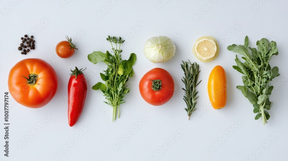 Fresh organic produce neatly arranged, isolated from background, showcasing natural textures and colors Fresh organic produce neatly arranged, isolated from background, showcasing natural textures and colors