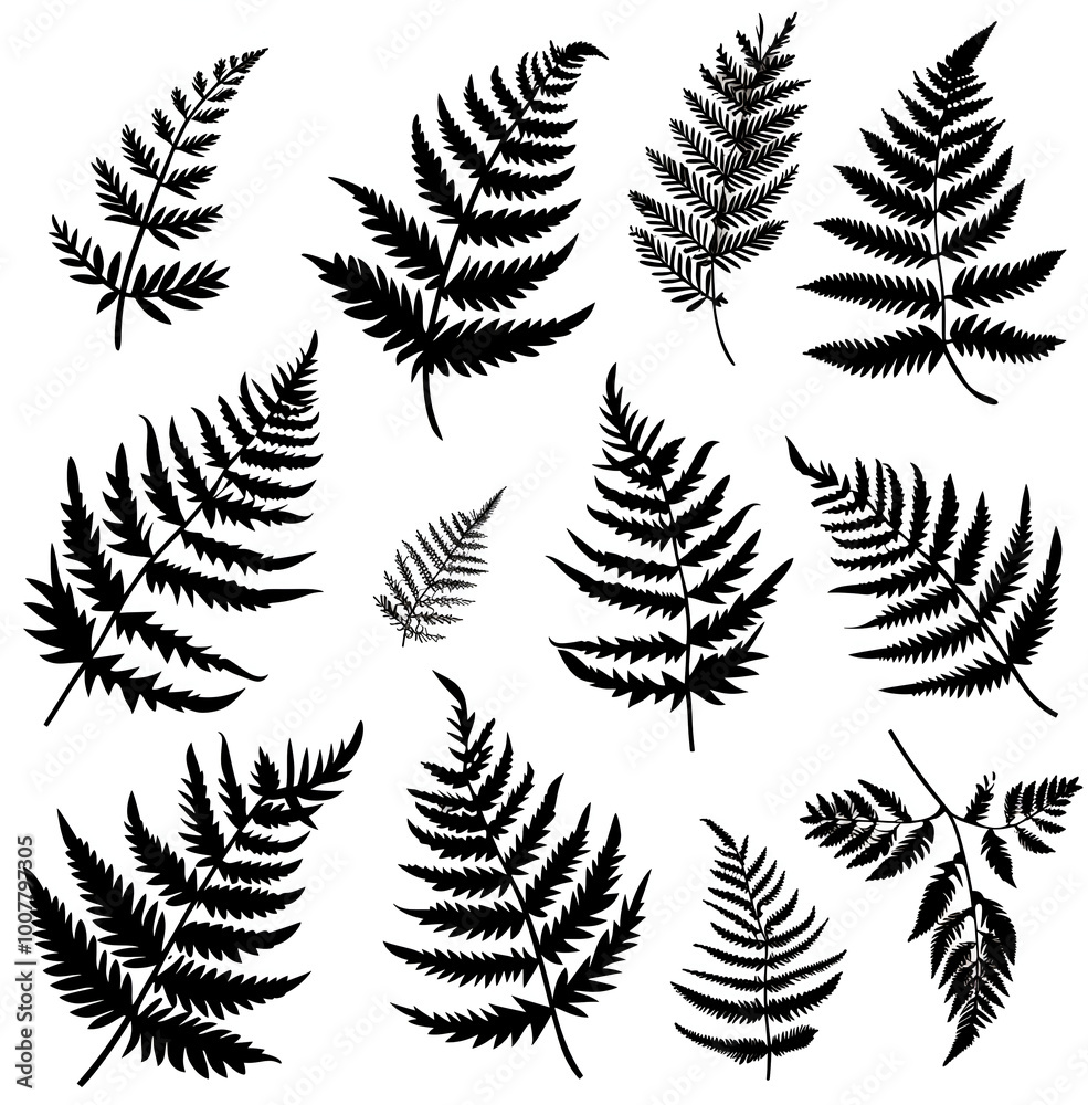 set of fern leaves silhouettes on white set of fern leaves silhouettes on white