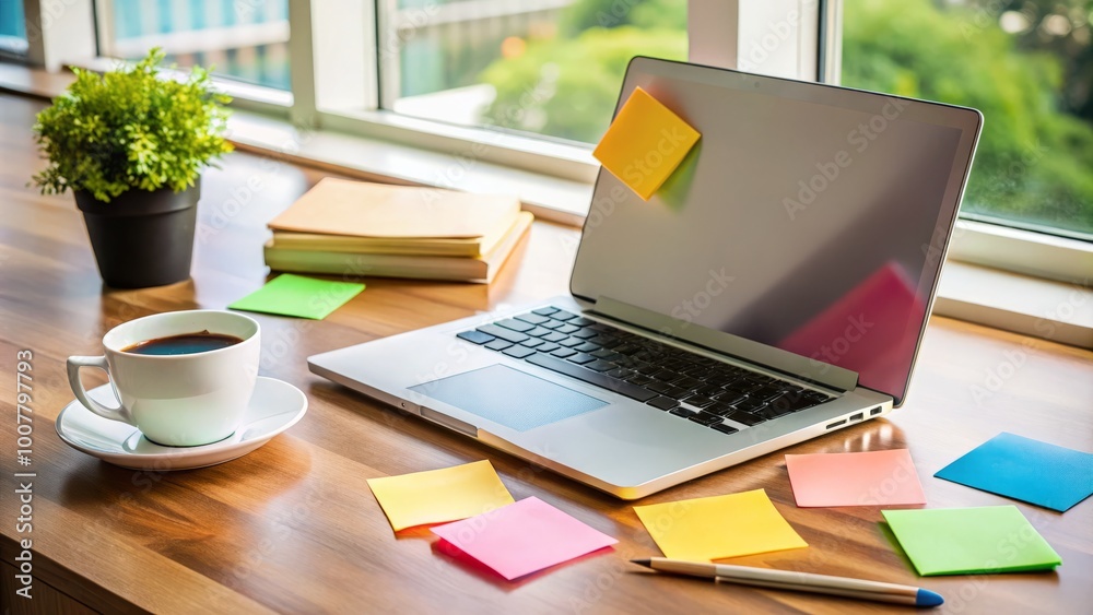 Fototapeta premium Organized workspace with laptop, notebook, and colorful sticky notes, surrounded by coffee cups and office supplies,