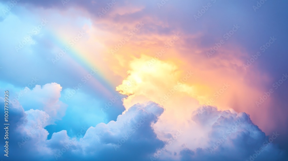 Obraz premium Dramatic Storm Clouds with Rainbow, a captivating scene of dark, brooding clouds illuminated by a faint rainbow, symbolizing contrast and a glimmer of hope amidst the tempest.