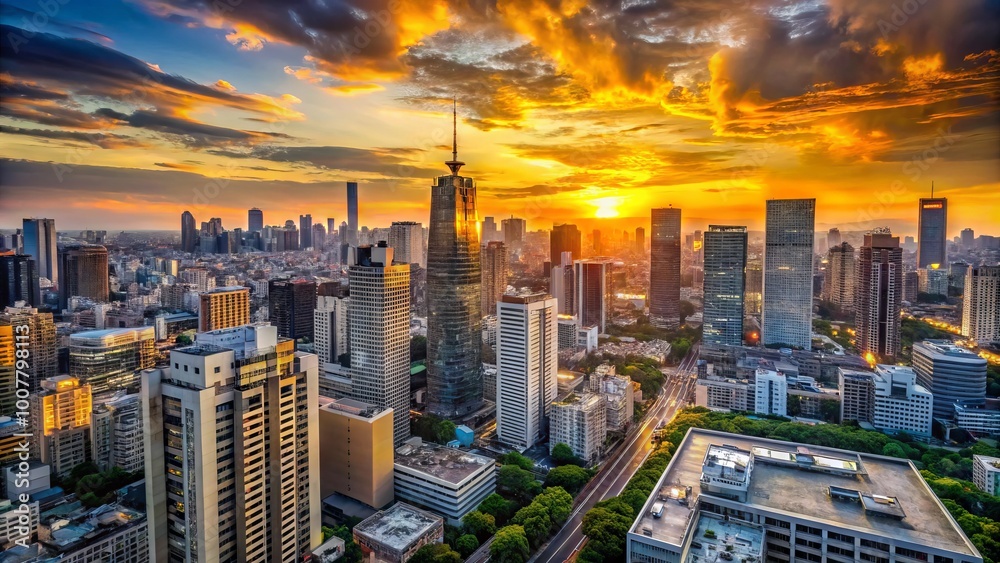 Fototapeta premium Panoramic view of a metropolitan cityscape at sunset, with sleek skyscrapers, busy streets, and a patchwork of rooftops