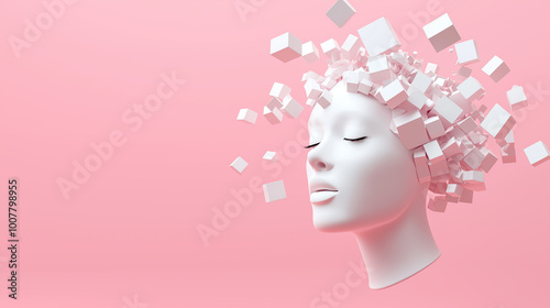 3D rendering of an abstract white female head with cubes on a pink background. Pastel colors, a minimalist concept. An AI and artificial intelligence theme. Isolated pastel light blue studio backdrop 