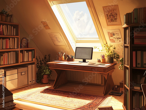 Skylit Serenity: Cozy Study Table Under a Natural Light Skylight photo