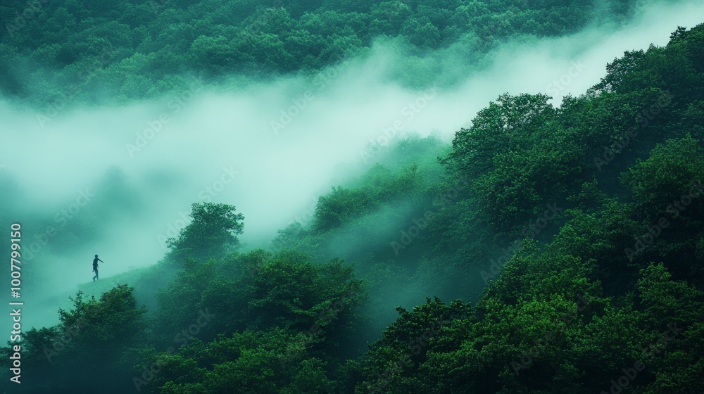 Morning Mist Over Forest with Jogger, a tranquil landscape where early fog rises above vibrant greenery, highlighting a solitary jogger symbolizing vitality and connection to nature. Morning Mist Over Forest with Jogger, a tranquil landscape where early fog rises above vibrant greenery, highlighting a solitary jogger symbolizing vitality and connection to nature.