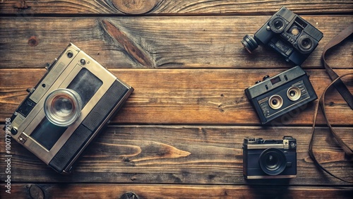 Retro-style VHS tape and old camera equipment scattered on a distressed wooden table, evoking a nostalgic 80s and photo