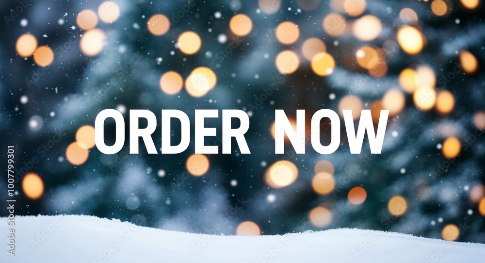 Order now lettering on winter snow holidays blurred lights bokeh background Order now lettering on winter snow holidays blurred lights bokeh background