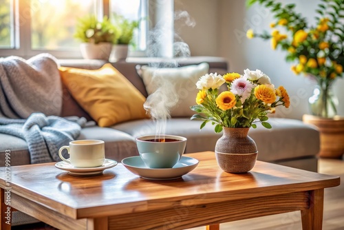 Wallpaper Mural Richly polished wooden coffee table adorned with steaming cup, saucer, and vase with fresh flowers, surrounded by Torontodigital.ca