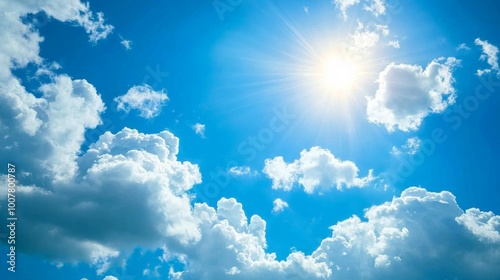 Cheerful midday sky with fluffy clouds, bright blue expanse filled with sunlight, inviting atmosphere perfect for outdoor adventures and leisure activities.