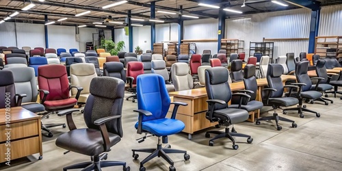 Rows of pre-owned office chairs, desks, and filing cabinets lined up for sale in a bustling second-hand furniture photo
