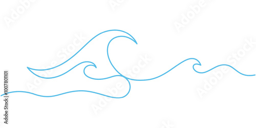 Continuous one line drawing water splashes wave twirl isolated surge blue sparks breaker. Wave curly shapes icon symbol on white background. One continuous Line drawing of sea wave. Modern abstract