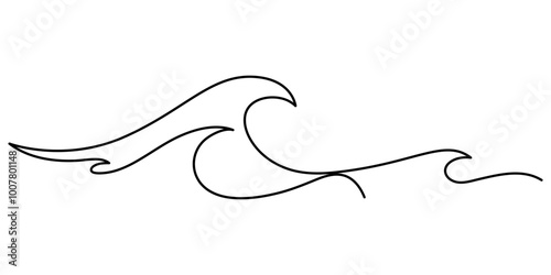 Continuous one line drawing water splashes wave twirl isolated surge blue sparks breaker. Wave curly shapes icon symbol on white background. One continuous Line drawing of sea wave. Modern abstract