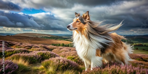 Rugged, tousled collie stands majestically on windswept moorland, wispy fur blowing in the gusty breeze, its piercing
