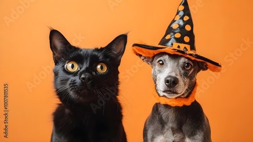 cat and dog, wearing costume for halloween. friend with orange backgound. halloween theme photo