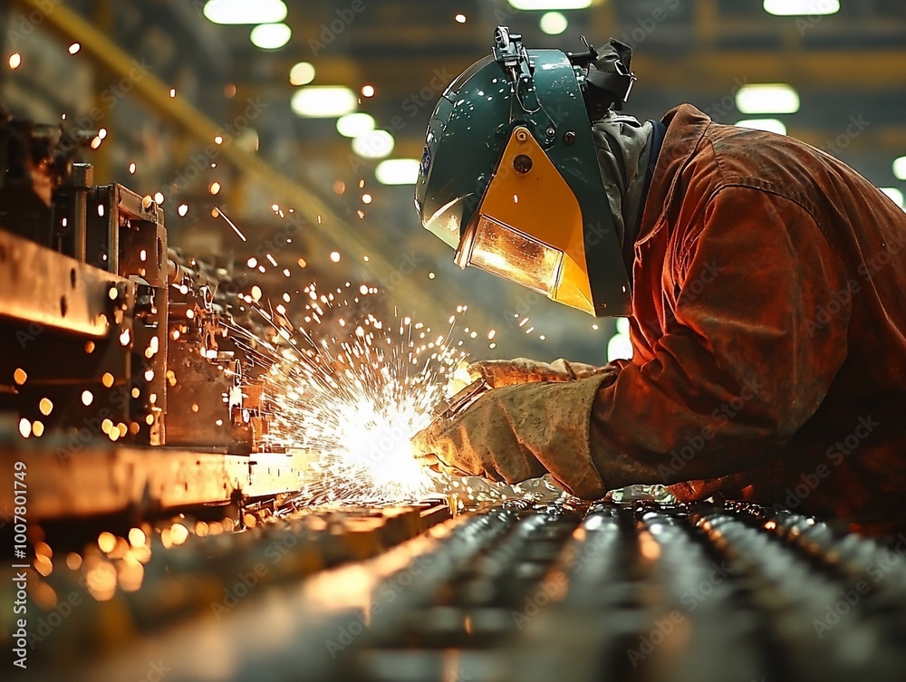 A welder works on a metal fabrication project in a factory, sparks flying. A welder works on a metal fabrication project in a factory, sparks flying.