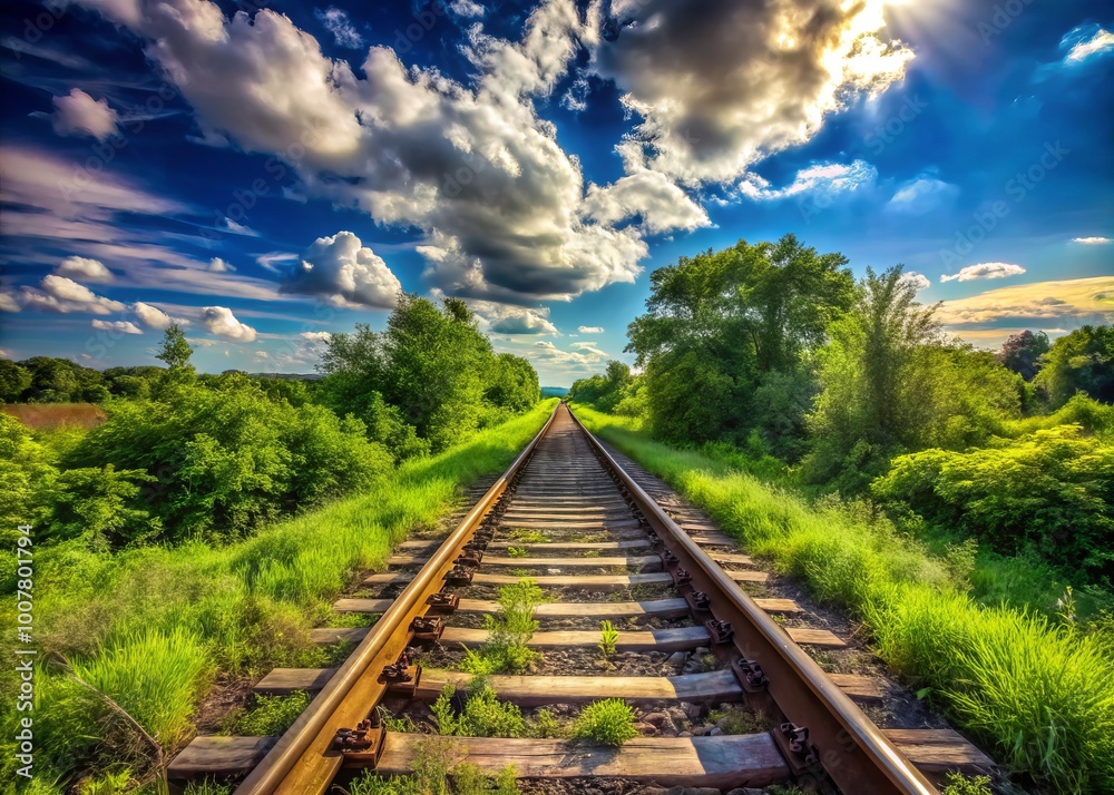Rusty old railroad tracks stretching into the distance, surrounded by lush green vegetation and a sunny blue sky Rusty old railroad tracks stretching into the distance, surrounded by lush green vegetation and a sunny blue sky