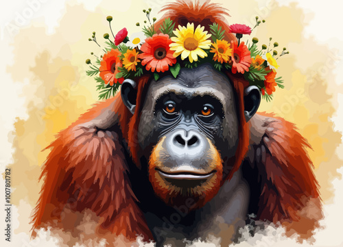 Vibrant Orangutan with Floral Crown