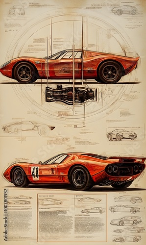 Detailed Advertising Poster of a Sleek and Powerful Sports Car with Intricate Technical Drawings