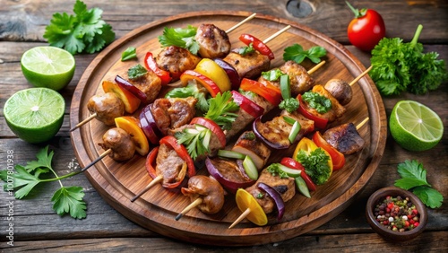 Savory skewers of marinated grilled meats, peppers, onions, and mushrooms, arranged on a rustic wooden platter, photo