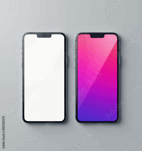 Two smartphones displayed side by side, one with a white screen and the other with a vibrant purple gradient screen.