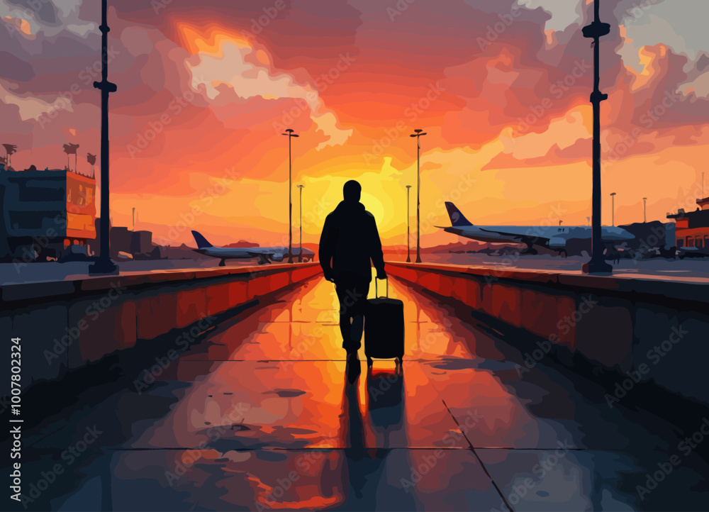Traveler at Sunset: Airport Journey Traveler at Sunset: Airport Journey