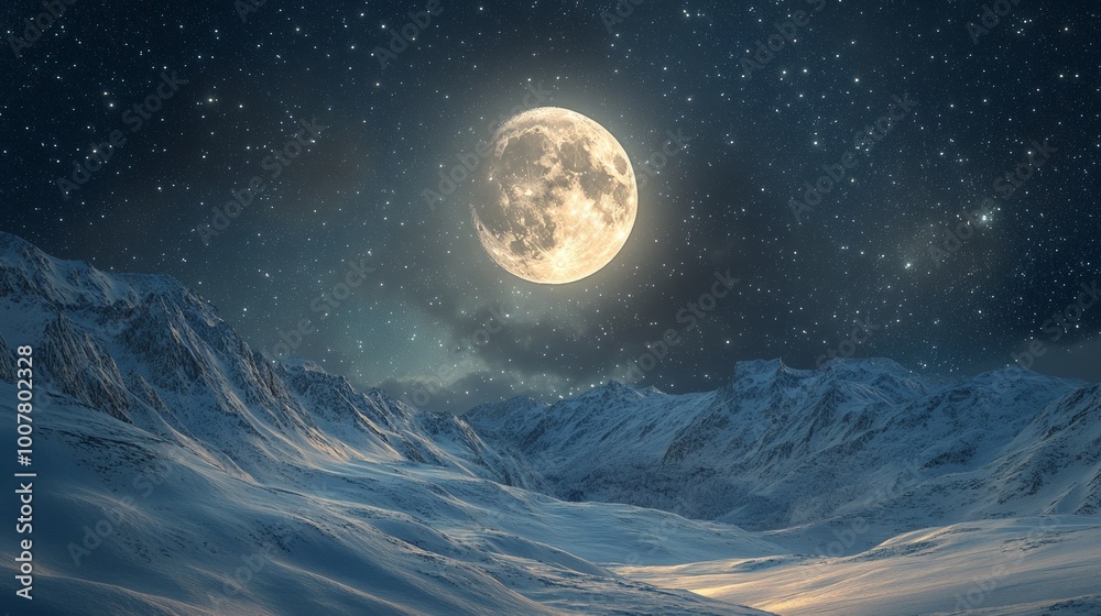 Glowing Moon Over Serene Snowy Landscape, a breathtaking winter night with a luminous moon casting light on a tranquil snow-covered terrain, surrounded by twinkling stars.