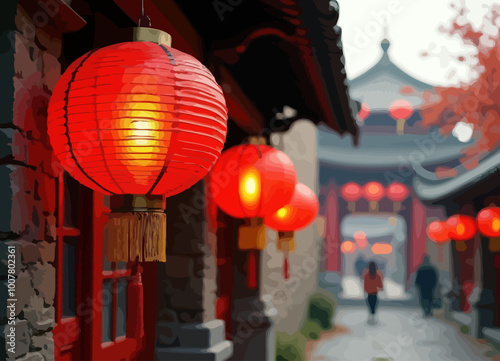 Traditional Asian Street with Hanging Red Lanterns