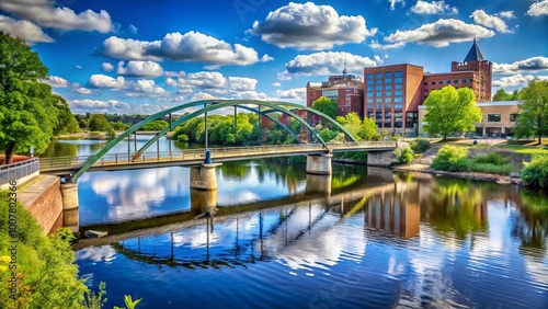 Scenic waterfront scene of downtown Eau Claire, Wisconsin, featuring the Chippewa River flowing under a picturesque