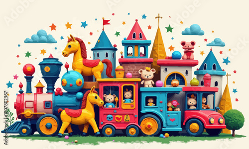 Toyland Adventure: Vibrant Train, Castle, and Playful Animals photo