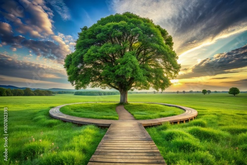 Serene and symmetrical composition featuring a majestic tree at the center of a lush green meadow, surrounded by photo