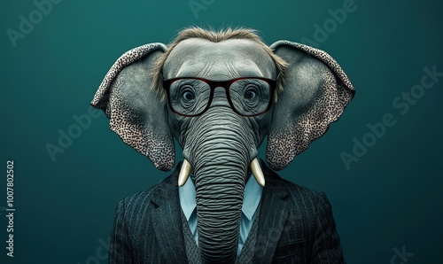 Portrait of an elephant wearing glasses and a suit, cinematic, teal background