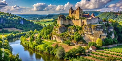 Serene medieval castle perched atop limestone cliffs overlooking tranquil Vézère River, surrounded by lush greenery and