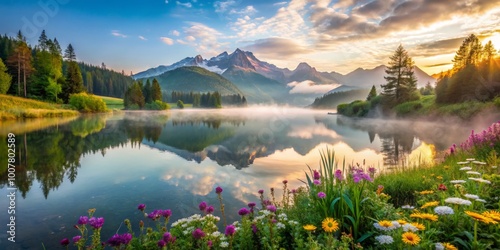 Serene misty morning landscape featuring a calm lake reflecting majestic mountains, surrounded by lush green forest and photo