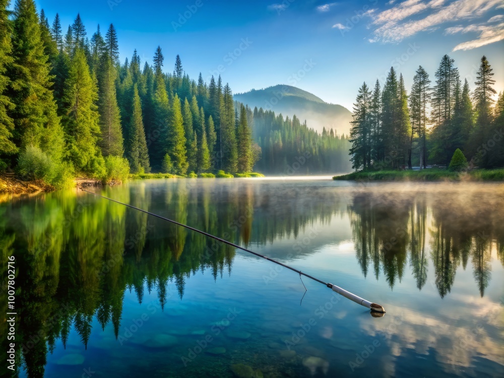 Serene morning scene of a tranquil lake surrounded by towering evergreen trees, with a solitary fishing rod casting Serene morning scene of a tranquil lake surrounded by towering evergreen trees, with a solitary fishing rod casting
