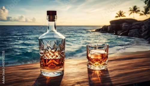 Whiskey glass resting on a table with a stunning tropical island and serene sea in the background photo