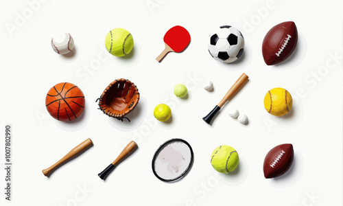 Sports Equipment Array: Tennis, Football, Basketball, Baseball, and More