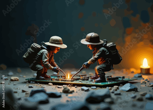 Soldiers Tending Campfire in Miniature Setting