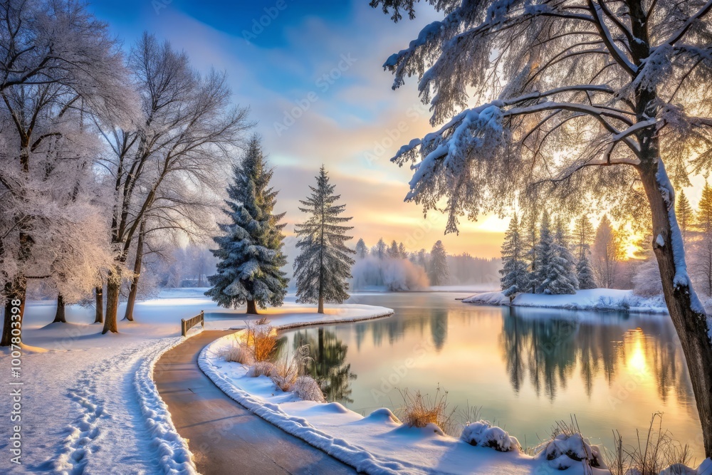 Serene winter morning in a snow-covered North Park with bare trees, frozen lake, and a winding path surrounded Serene winter morning in a snow-covered North Park with bare trees, frozen lake, and a winding path surrounded