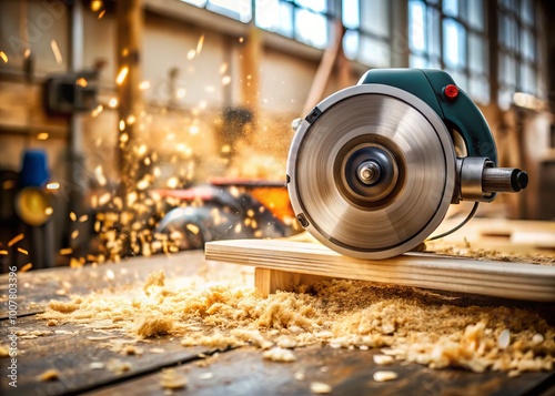 Sharply focused power tool with a spinning circular blade, set against a blurred workshop background with scattered