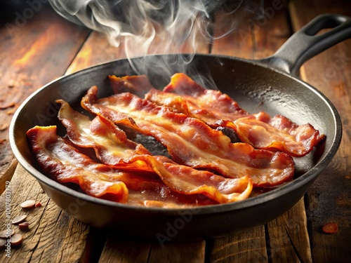 Sizzling crispy bacon strips cooking in a hot skillet on the stovetop, releasing savory smoke and tantalizing aromas,