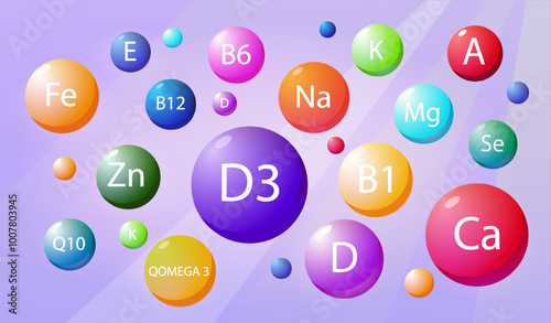 Supplements vitamins minerals. Red, green, pik and yellow molecules. Complex for active and healthy lifestyle. Multivitamin complex. Calcium and collagen. Isometric vector illustration