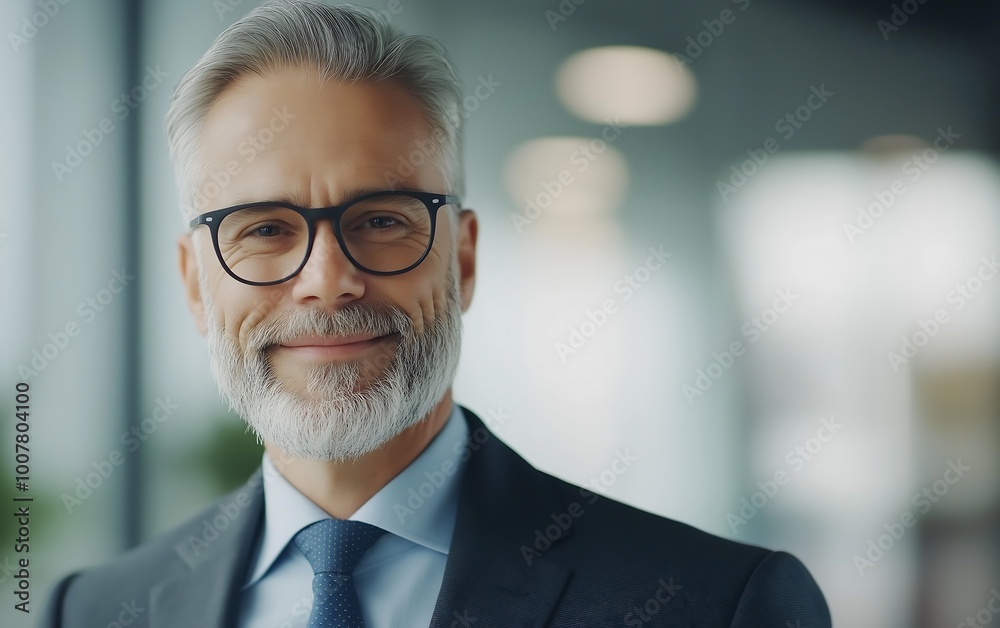 Confident businessman smiling in a modern office, showcasing professionalism and approachability in a corporate environment. Confident businessman smiling in a modern office, showcasing professionalism and approachability in a corporate environment.