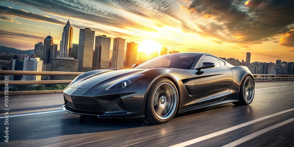 Sleek, high-performance vehicle with curved lines and aggressive stance, set against a blurred cityscape, evoking