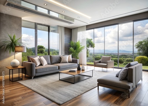 Sleek modern living room with large windows, minimal decor, and a futuristic air conditioning system, exuding a sense