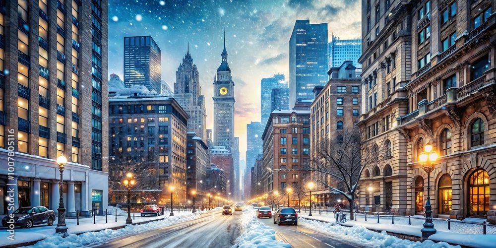 Fototapeta premium Snowflakes gently fall on frozen city streets, casting a serene silence over towering skyscrapers, bustling streets,