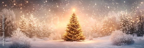 Digital illustration of magic christmas tree against snowy landscape with fir trees and shining stars in the sky background