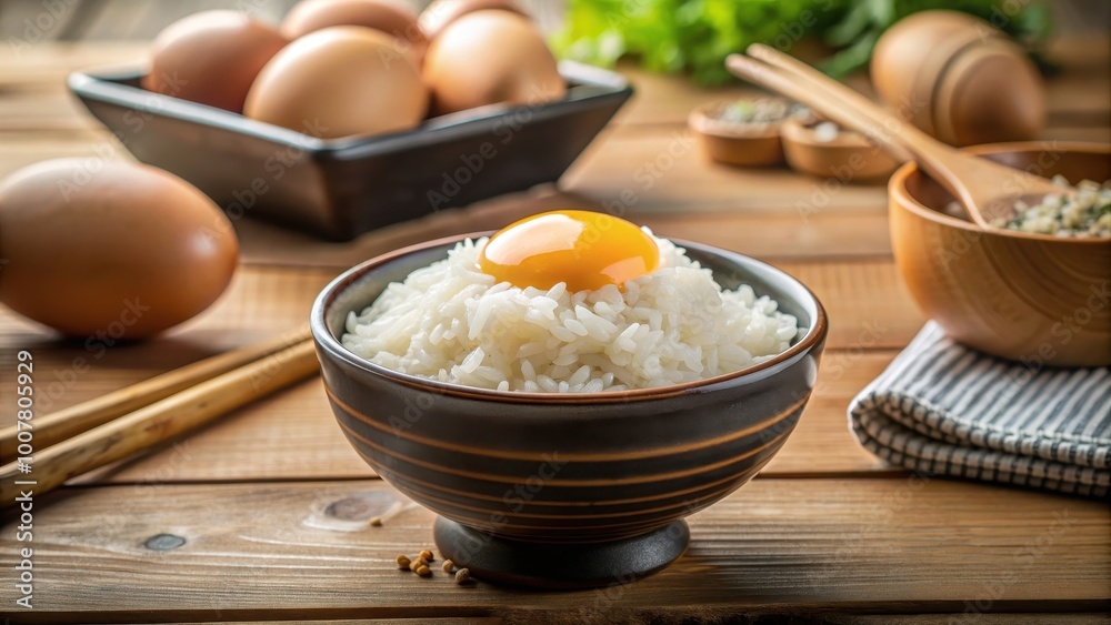 Close-up of rice with egg, Asian cuisine set against a backdrop of kitchen utensils, rice, egg, Asian food, kitchen Close-up of rice with egg, Asian cuisine set against a backdrop of kitchen utensils, rice, egg, Asian food, kitchen